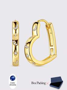 1 Pair Hypoallergenic Original Design 925 Sterling Silver Golden Color Hoop Earrings For Women Elegance Jewelry Geometry Heart Round Shape Fits Daily Party Shopping Festival Banquet Party Wear