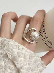 2pcs Pearl Rings Set For Women Couples New Elegant Creative Hollow Geometry Handmade Birthday Party Rings Jewelry Gifts