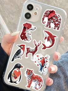 50 件/套美观红白纸心形动物贴纸，DIY 装饰贴花，适用于行李箱吉他手机笔记本电脑自行车文具贴纸，适用于学校用品，返校