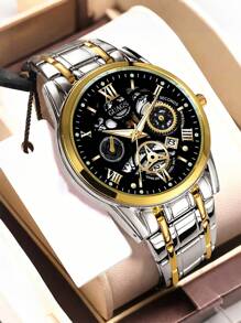 Relógio masculino de escala romana, modelo fashion, 1 peça | Pulseira de aço inoxidável e movimento de quartzo com calendário, relógio masculino de disco grande | Adequado para presentes de aniversário, presentes de formatura, presentes de Halloween