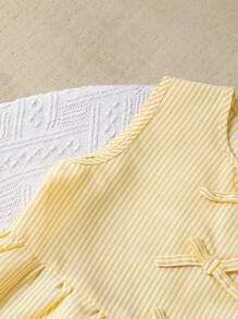Left Mama Girls Cute Simple Striped Sleeveless Bow Top And Straight Leg Pants Set, Summer