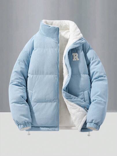 Abrigo de invierno de algodón reversible con cuello alto, decorado con bordado de letra en el pecho, de pana y borreguito, versátil y adecuado para exteriores, otoño e invierno