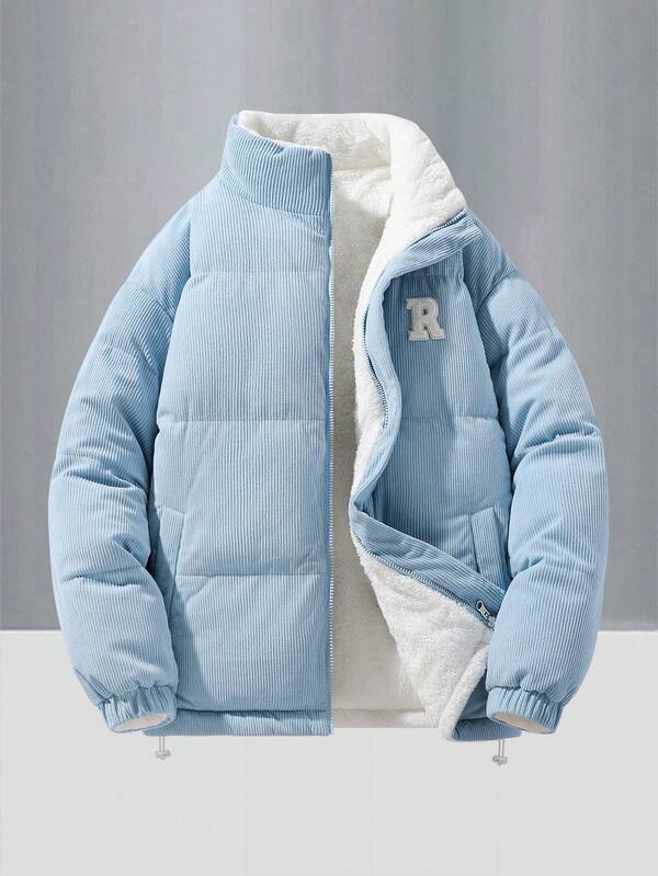 Men's Fashion Versatile Chest Embroidered Letter Decor Corduroy Sherpa Reversible Casual Stand Collar Cotton Winter Coat, Suitable For Outdoor , Fall Winter