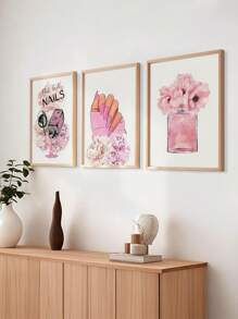 Set de 3 piezas de arte decorativo art déco sin marco en lienzo, diseño de uñas minimalista y moderno reutilizable, póster de fondo rosa creativo para decoración de salones de belleza, cafeterías, bares y dormitorios