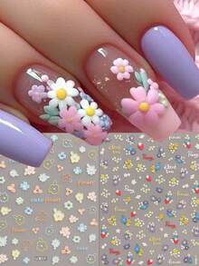 2片装春夏碎花美甲贴纸 - 多巴胺小花、雏菊、睡莲、五瓣花、镂空花、草莓图案，春夏艺术设计，3D立体工艺，适合女性日常生活、婚礼、节日和假期。一次性自粘美甲贴纸，中国风，可爱，简约，清新主题，易于粘贴，美甲装饰贴纸。 - 彩色 - 查看 2