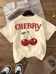 女装夏季新款简约樱桃与口号印花休闲度假风宽松百搭圆领短袖T恤时尚日常上衣适合日常度假穿着。 - 杏色 - 查看 8