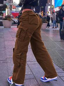 Women's High Waisted Boyfriend Style Distressed Y2K Denim Jeans,Women's Solid Color Simple Casual Denim Pants Y2k,Solid Color Multi-Pocket Button Commuting Simple Y2K Casual Cute Work Pants Long Pants - 棕色 - 查看 2