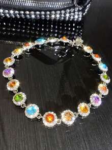 Elegant Stylish Colorful Rhinestones Necklace Decorative Accessories Holiday Birthday Party Gift For Girls - Silver - 查看 2
