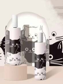 1pc Automatic Folding Umbrella, Women 2-In-1 Sunny Rain Umbrella, Cartoon Black And White Cat Print Sunshade UV Protection Umbrella