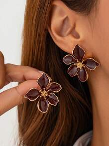 2 Pcs Fashion Needle Drop Glaze Pink Red Flower Earrings Claret Flower Stud Earrings Ladies Daily Wear Accessories