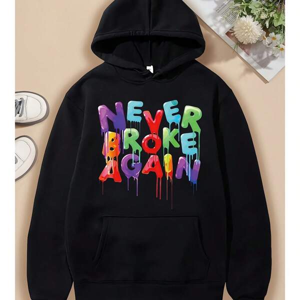 Men'S NEVER BROKE AGAIN Printed Casual And Comfortable Exquisite Hoodie,Suitable For Casual,Fashionable,Versatile,Commuting,Outdoor Sports,Birthdays,Holidays,Independence Day Gift