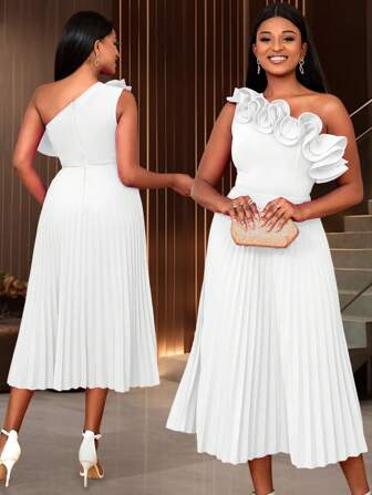 女士夏季不对称荷叶边下摆白色连衣裙