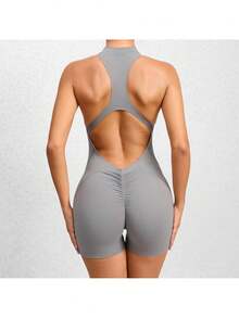 Women's Sleeveless Yoga Jumpsuit, Zipper Vest Exercise Clothing Set Women's Fashion Sports Coveralls - 灰色 - 查看 4