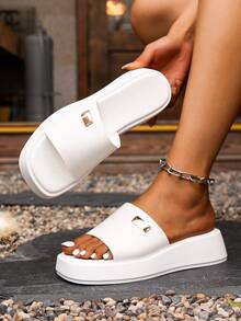 Women White Platform Slide Sandals With Metal Decor Plate,Height‑Boosting Wedge Sole, Open‑Toe Slip‑On Slides,Casual Shoes For Beach Vacation Outdoor - White Buttons - View 2
