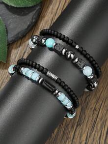 2/3pcs Teens' Fashionable Elastic Cube & Volcanic Stone Beaded Bracelet Set, Suitable For Friend Gifts, Punk Style Multi-Layer Stacking Creative Bracelet, Matching Father-Son Outfits For Travel Or Vacation - Multicolor - View 1
