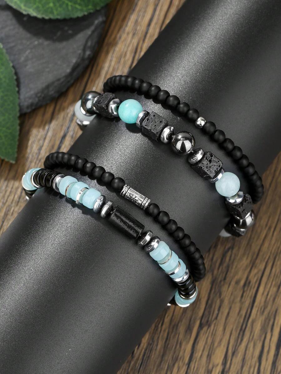 2/3pcs Teens' Fashionable Elastic Cube & Volcanic Stone Beaded Bracelet Set, Suitable For Friend Gifts, Punk Style Multi-Layer Stacking Creative Bracelet, Matching Father-Son Outfits For Travel Or Vacation - Multicolor - View 1