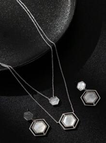 1set Elegant Hexagon Mother-Of-Pearl Necklace & Earrings Jewelry Set, Perfect For Parties And Daily Wear