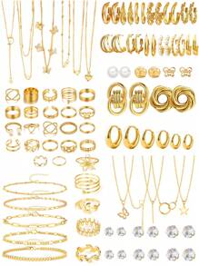 38/58/61/68pcs Middle Eastern Style Elegant Vintage Faux Pearl, Bow, Heart, Star, Moon, Crystal Rhinestone, Twisted, Rope, Geometric Wide Hoop Earrings, Necklace, Bracelet, Ring Jewelry Set, Holiday, Party, Daily Wear Gift