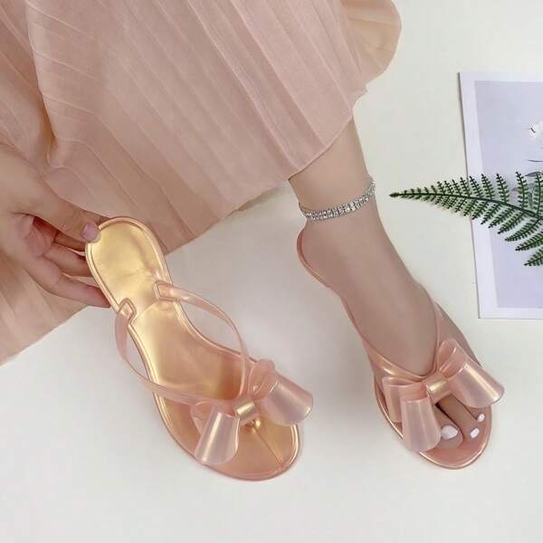 Damen Gelee Sandalen Sommer Flache Schuhe mit Schleife Dekor Strand Slides Atmungsaktive PVC Hausschuhe Modische Lässig Fußbekleidung Heiß an
