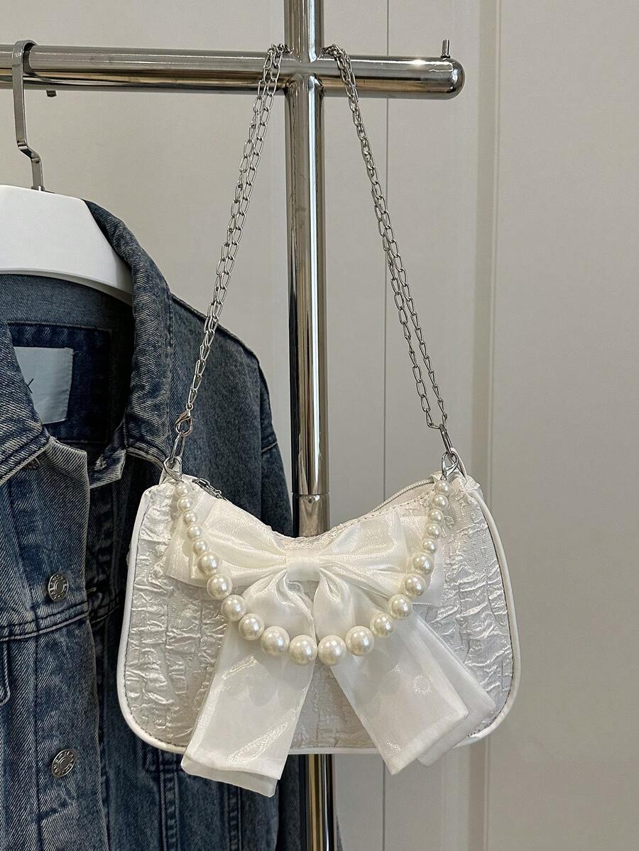 Fashion Bow Decor Pearl Chain Handbag Shoulder Bag - Beige - View 1