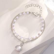 1pc Versatile Pearl Decor Double Layer Chain Pendant Bracelet For Women, Commuting, Daily, Dating