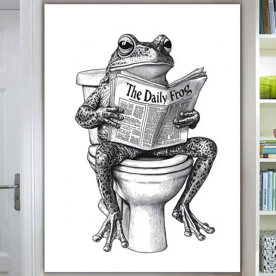 Framed 1PC Room Decor Frog On Toilet Bathroom Art Print Canvas Poster Quirky Retro Wall Decor - Framed - View 1