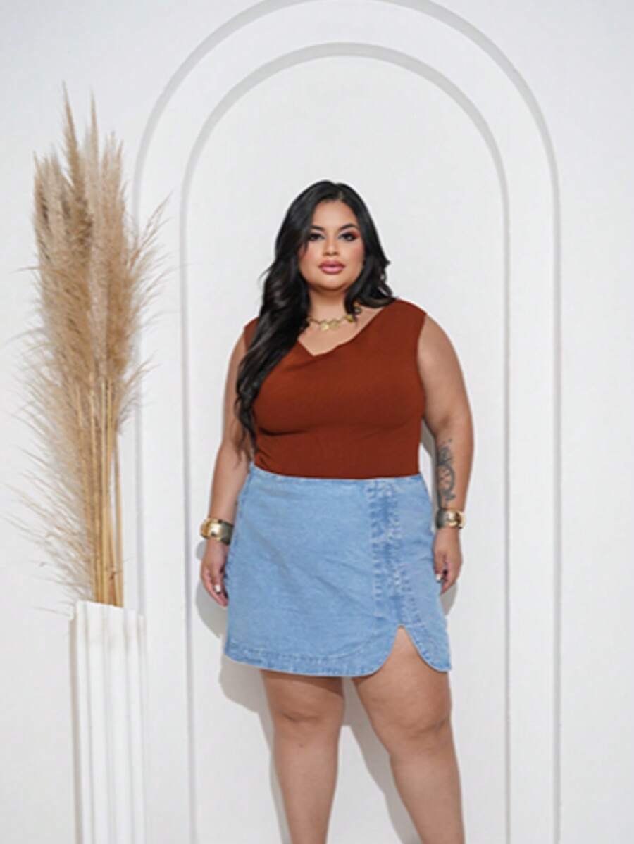 Bori Bore Plus Size Bodysuit Ruched Neck Casual Party Plus Premium Short Sleeve Comfortable Fit - Earth - View 1