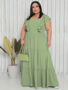 Plus Size Long Dress With Ruffle On The Shoulder - Mint Green - View 2