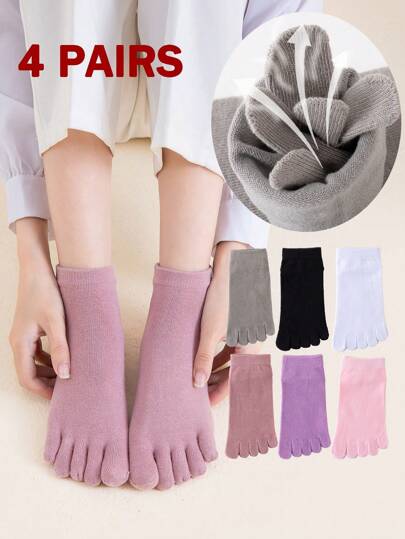 4 Pairs Women's Five Toe Socks - Spring/Autumn/Winter Sports Socks, Thin Pure Cotton Odor-Resistant Anti-Athlete's Foot Mid-Calf Breathable Toe Socks, Toe Separation Design, Breathable, Moisture-Wicking, Suitable For Home And Activities, 6 Colors Available, One Size, Casual Socks | Elegant Sock Design | Comfortable Fit, Fall Socks