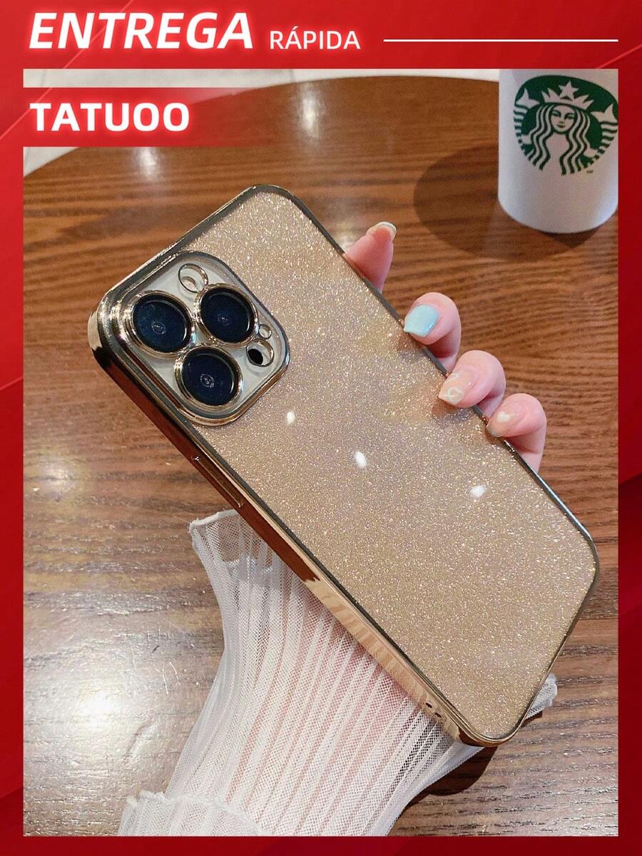 1PC Electroplated Glitter Paper Transparent Phone Case Drop-Proof Soft TPU Cover Compatible With IPhone16 Pro Max/16Pro/16Plus/16/15/14/13/12/11 - Vàng - Xem 1