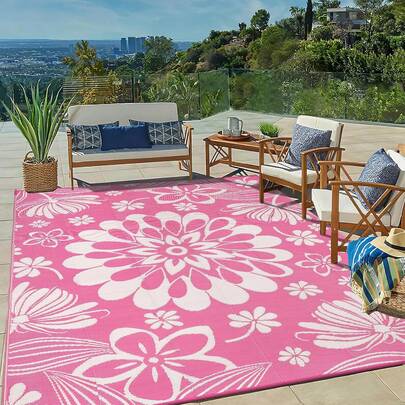 Outdoor Plastic Straw Rug Multiple Sizes Funny Floral Style Reversible Patio Area Rugs Waterproof Non Shedding Portable Carpets For Rv Outside Deck Pool Beach Picnic Camping