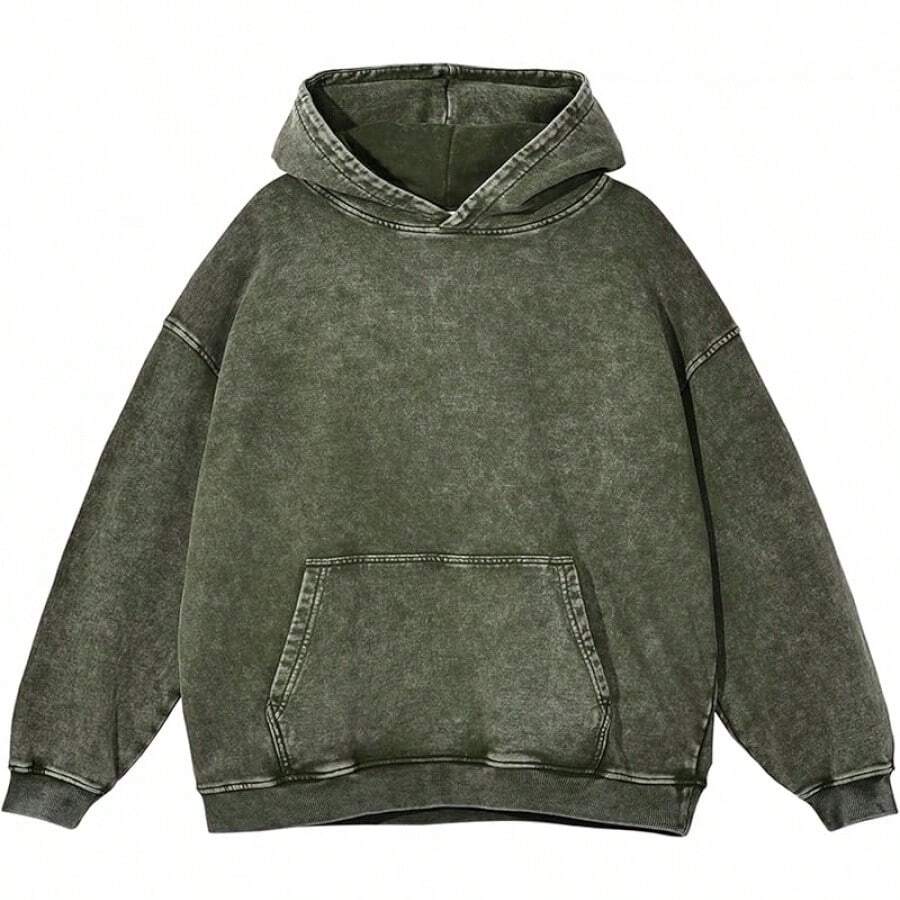 Men's Fashionable Autumn Washed Distressed Pocket Hoodie, Mens Hoodies Vintage Oversized Hoodie Acid Wash Couples Cotton Pullover Hoodies For Men Streetwear Sweatshirts - Street Fashion Outerwear - 軍綠色 - 查看 1
