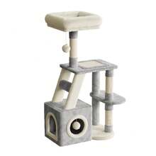 DOGAT Albero per gatti 107cm con comoda cuccia, pali graffiatori in sisal, pallina penzolante e piattaforma superiore per gatti indoor - Grigio chiaro + beige - Visualizzare 1
