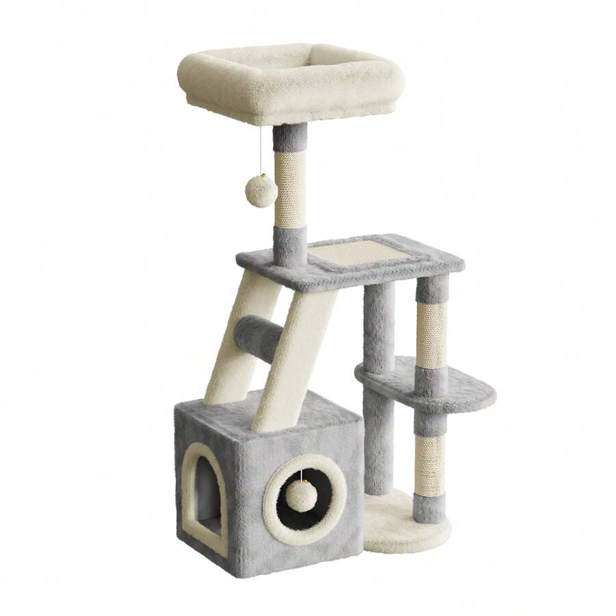 DOGAT Albero per gatti 107cm con comoda cuccia, pali graffiatori in sisal, pallina penzolante e piattaforma superiore per gatti indoor - Grigio chiaro + beige - Visualizzare 1