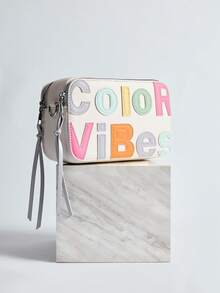 CHICVUE 1 pieza Bolso de cámara acolchado con alfabeto de color dopamina en PU, con cremallera doble y correa ancha, bolso de hombro y bandolera para mujeres de moda, regalo de Navidad de invierno - Beis - Ver 3