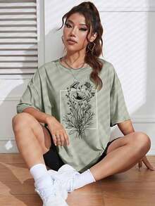 2026 Summer ShirtINAWLY Women's Casual Floral Print Drop Shoulder Round Neck T-Shirt, SummerLoose And Comfortablesummer Tops - 橄欖綠 - 查看 4