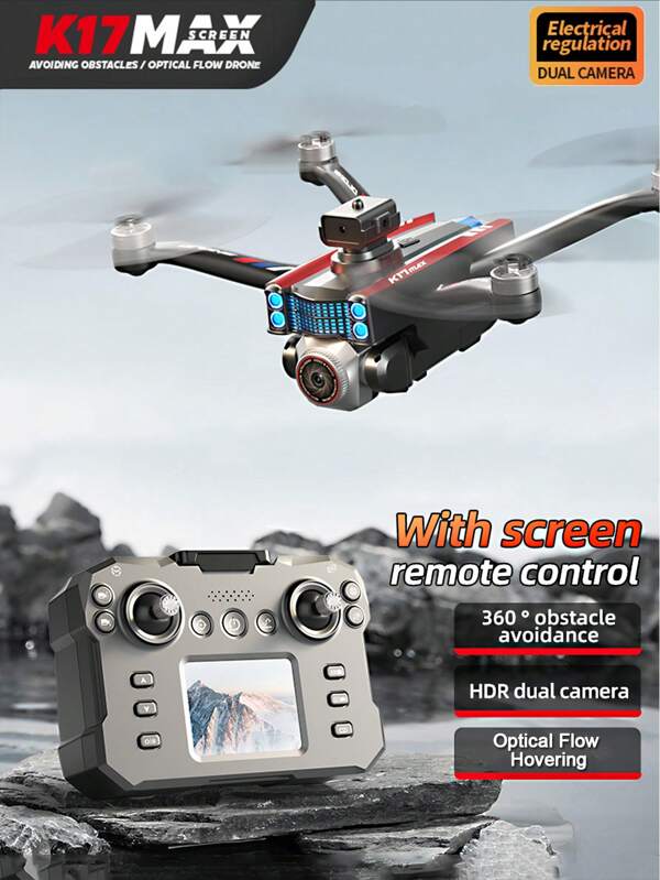 CASRRA Drone com Câmera K17 Versão de Controle de Tela de Alta Configuração - Drone Controlado por Controle Remoto, Equipado com Câmera de Alta Definição para Filmagem e Fotografia, Controle de Tela para Transmissão de Imagem em Tempo Real, Zoom Eletrônico, Desvio de Obstáculos em Quatro Direções, Motor Sem Escovas, Controle Multivelocidade, Longa Duração da Bateria, Tecnologia de Hover Inteligente Aprimorada para Manter Altitude de Voo Estável, Fácil de Operar para Iniciantes