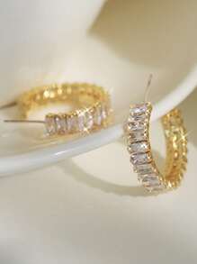1 Pair Fashionable Rhinestone Inlaid Square C-Shaped Hoop Earrings, Suitable For Parties And Weddings