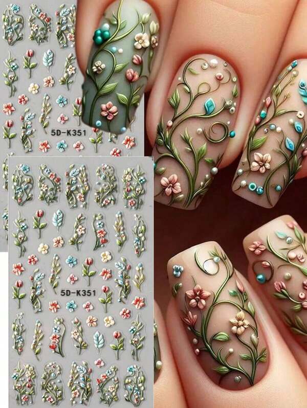 2pcs 5D Embossed Green Vine Leaf Floral Bouquet Nail Art Stickers, Fresh Colorful Blooming Five Petal Flower Leaf Nail Decals Wedding Nails Designs DIY Nail Supplies Relief Charms Decoration