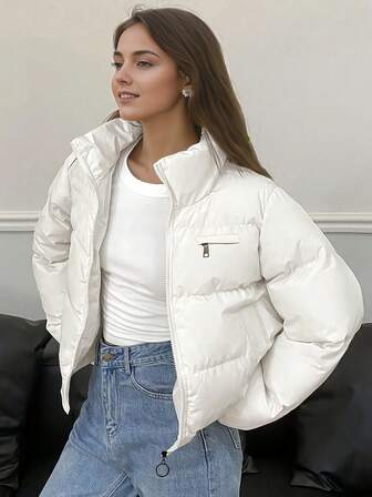 Vadderad kappa för kvinnor, kort modell, moderiktig kappa med trattkrage, höst-/vintersäsong, avslappnad väst med dragkedja och fluffig ståkrage - långärmad jacka - höst/vinter