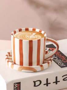 Classic Striped Ceramic Coffee Cup & Saucer Set, Nordic Minimalist Retro Homestyle Water Mug, Office Use Latte, Coffee Cup, Cold Brew Tea Cup, Suitable For Middle Eastern Tea, Arabic Coffee, Large Capacity American Coffee Mug, Great Gift For Friends And Relatives