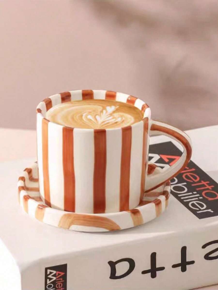 Classic Striped Ceramic Coffee Cup & Saucer Set, Nordic Minimalist Retro Homestyle Water Mug, Office Use Latte, Coffee Cup, Cold Brew Tea Cup, Suitable For Middle Eastern Tea, Arabic Coffee, Large Capacity American Coffee Mug, Great Gift For Friends And Relatives