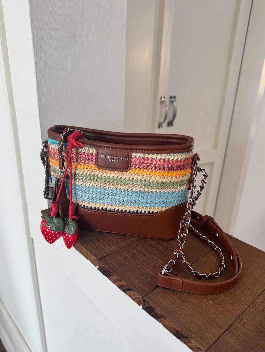 Bolso de paja tejido colorido para mujeres, último modelo de moda para playa, vacaciones de verano y uso casual, bolso de hombro y bandolera para teléfono