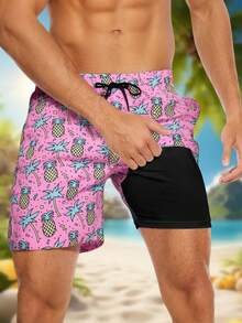 MADHERO Men Swim Trunks With Compression Liner 2 In 1 Quick Dry Swimming Shorts Swimwear - Pink - View 1