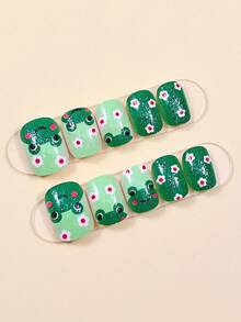 24张夏日清新可爱青蛙美甲贴纸，包含1个指甲锉和1卷双面胶带，美甲用品 - 綠色 - 查看 2