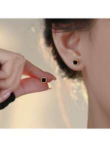 topshiny 1 对简约独特设计十字架奢华钉子耳钉女士耳环 - 金色正方體黑 - 查看 2