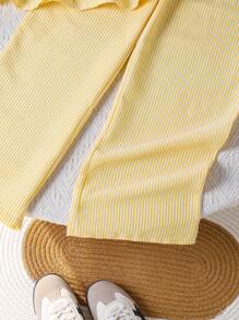 Left Mama Girls Cute Simple Striped Sleeveless Bow Top And Straight Leg Pants Set, Summer