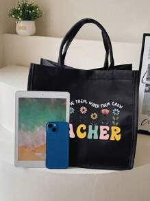 Bolsos de lino con impresión de palabras "Profesor", patrones de flores, letras con patrones de dibujos animados y animación. Incluye bolso cosmético con cremallera, bolso de aseo portátil, bolso de maquillaje, bolso de almacenamiento portátil de gran capacidad, bolsas grandes, bolsas de compra negras, monederos, regalos de agradecimiento para maestros y bolsos de lino de gran capacidad para mujeres. Adecuado para turismo, compras y actividades de playa, de vuelta a la escuela.