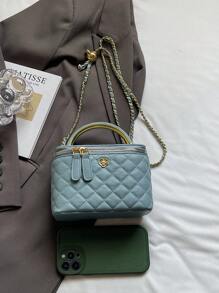 1 pieza Bolso tipo caja con diseño minimalista y patrón romboidal de BEIKAMU, nueva y elegante bolsa de maquillaje y monedero con cadena para el hombro y cruzada