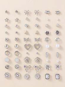 30pairs Set Elegant Minimalist Rhinestone Flower, Heart, Bow Stud Earrings Set, Luxury Gift For Women Valentines,Mom,Mother,Mother's Day,Gift(Random Selection For Shipping) - 隨機 - 查看 7